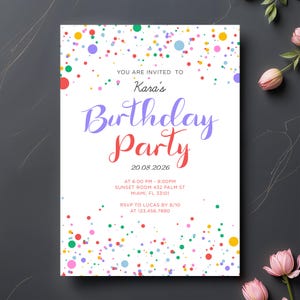 Invitation d'anniversaire avec éclaboussures de couleur, carte de fête à pois ludiques, modèle d'anniversaire Happy Vibes, invitation de célébration pétillante, invitation à une fête de confettis
