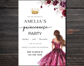 Elegant Floral Quinceañera Invitation: Princess Roses, Sweet 16 (Editable Template)