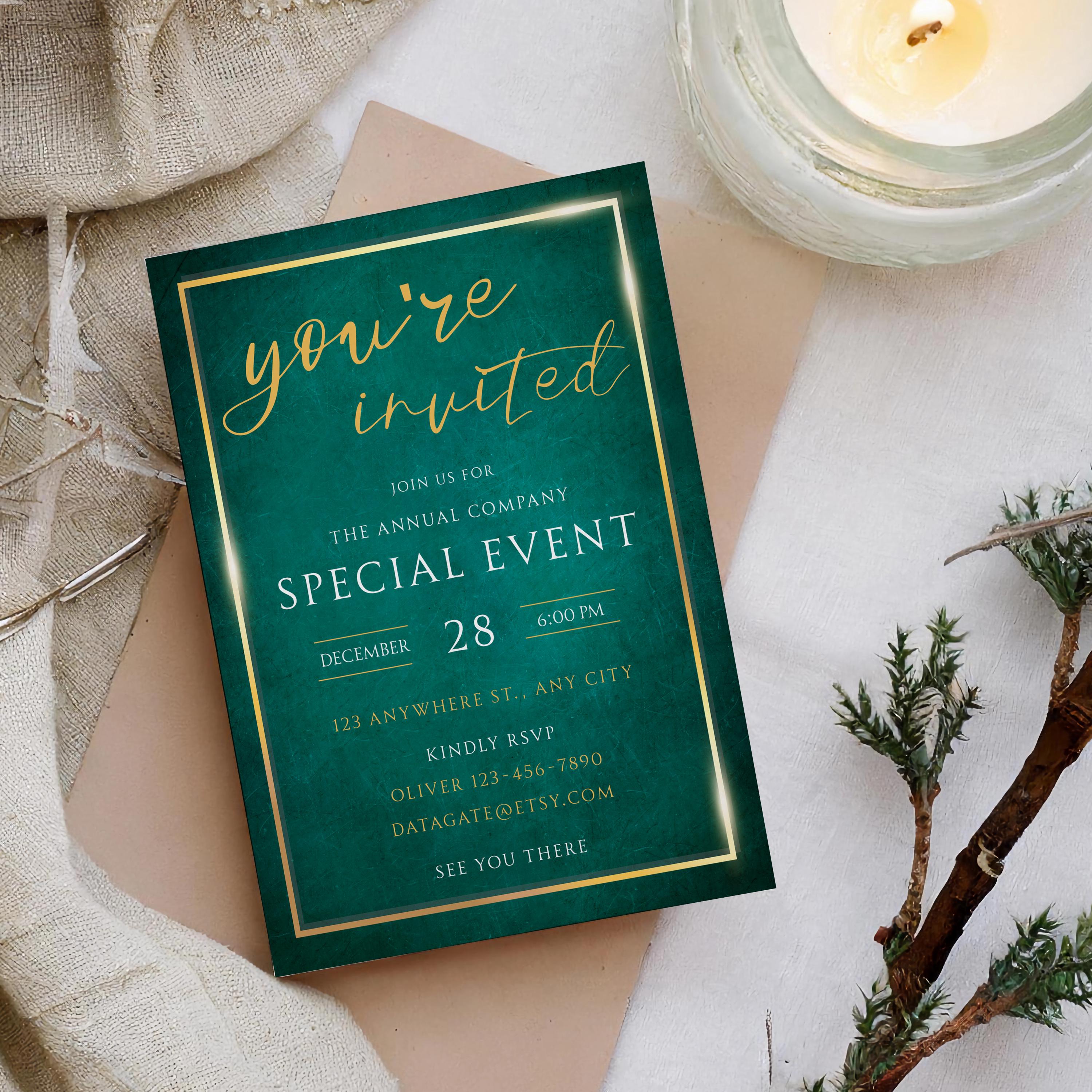 Emerald Green Gala Invitation, Gold Corporate Event (DIY Template