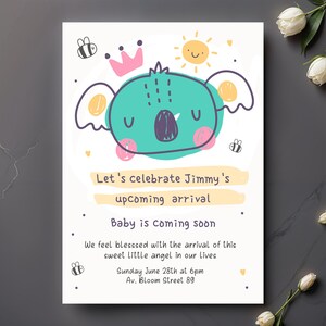Sjabloon uitnodiging babyaankomst, vieringskaart pasgeborene, pastelkleurige geboorteaankondiging en schattige babyshower, afdrukbare uitnodiging