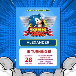 Faire-part d'anniversaire Sonic, carte de fête de style Sonic, modèle d'invitation Speedster, Evite rapide et amusant, Manga Evite, modifiable et imprimable