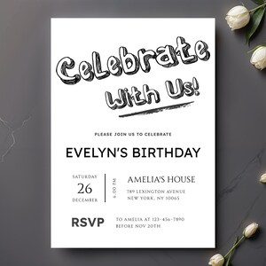 Birthday Invite Template,celebrate With Us Invitation,minimalist Black