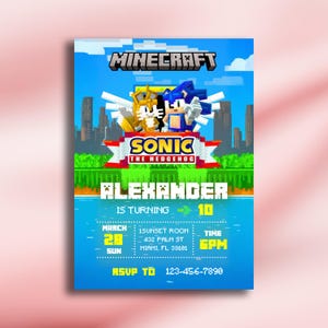 Faire-part d'anniversaire - Minecraft et le hérisson, carte vitesse pixel, invitation hyper rapide, modèle de carte Fast Block