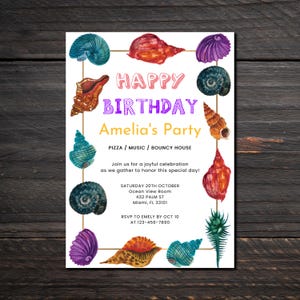 Faire-part d'anniversaire de fête de coquillages, modèle d'invitation de coquillage, carte au trésor de l'océan, invitation d'anniversaire de coquillages nautiques, modifiable et imprimable