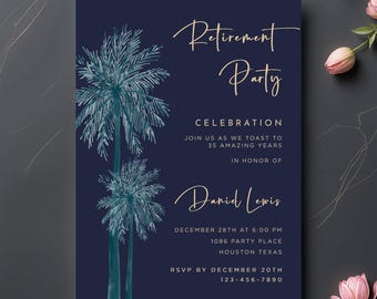 Elegant Tropical Retirement Party Invitation, Gold Palm (DIY Template)