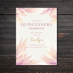 Invitation Quinceanera Invitation à une fête de Quinceañera avec des feuilles vertes | Carte de célébration de modèle floral minimaliste, design moderne