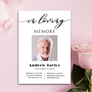 Invitación funeraria: plantilla de tarjeta conmemorativa con foto cálida para homenajes y celebraciones de la vida. Invitación conmemorativa.
