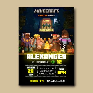 Invito di compleanno Minecraft modificabile, modello di compleanno a tema cartoon, download immediato