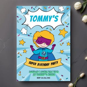 Invitación de cumpleaños de superhéroe, plantilla de invitación "Kids Power", invitación de cumpleaños para niños, tarjeta de fiesta estilo cómic, invitación de cumpleaños con temática de héroes