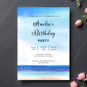 Invitación de cumpleaños Blue Horizon, Tarjeta de celebración Tidal Bliss, Invitación de cumpleaños Ocean Breeze, Deseos de olas y serenidad junto al mar Evite