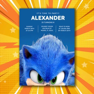 Invito di compleanno del film Sonic, invito per una festa a tema Sonic, biglietto d'auguri per Speed Runner, modello per una festa a tema Blue Blur, invito manga