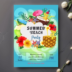 Invito per spiaggia estiva, biglietto per festa in piscina tropicale, modello per picnic all'anguria, invito di compleanno con atmosfera oceanica, biglietto per festa in giornata di sole