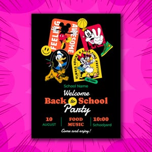 Convite editável de volta às aulas do Mickey – Convite para festa de amigos da Disney para imprimir, modelo estilo desenho animado, cartão de boas-vindas