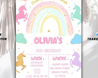 Rainbow Unicorn Birthday Invitation: Magical Kids Party (Digital Download)