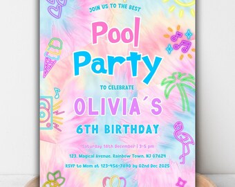 Tie Dye Pool Party Invitation: Neon Rainbow Birthday (Digital Download)