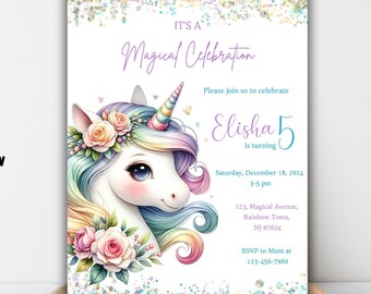 Unicorn Birthday Invitation: Pastel Rainbow Sparkle (Printable Canva Template)