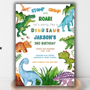 Modelo de convite de aniversário de dinossauro editável, convite de aniversário de dinossauro, aniversário de dinossauro Stomp on Over, convite de aniversário de menino, T-Rex