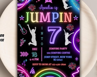 May include: Neon pink, blue, and green birthday invitation for a 7th birthday party. The invitation says "Amelia is Jumpin' into 7" and includes details for a jumping party at 360 Jumping Centre, Jump Street, New York, NJ 52645. The party is on December 18th from 4-6 PM. RSVP to Mom at 123-456-7890.