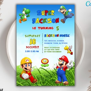 Invitation d'anniversaire de Mario Bros, Super Mario Bros Invite, modèle d'invitation de Mario Bros modifiable numériquement dans le modèle de toile Mario Invite