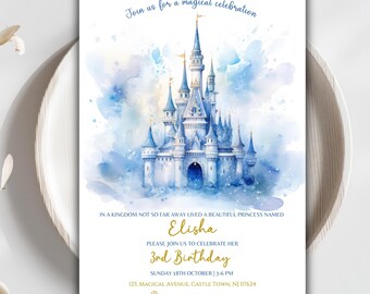 Princess Birthday Invitation, Pink & Gold Castle Winter castle, Elsa Castle, blue castle, Pricess birthday invitation Elsa Princess Birthday