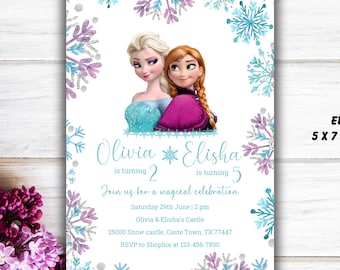 Editable Elsa Anna Siblings Birthday Invitation,  Frozen Birthday Invite, Princess Elsa Anna Olaf Birthday Invitation, Digital Invitation