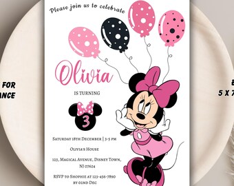 Editable Minnie Mouse Birthday Invitation: Pink Balloons (Digital)