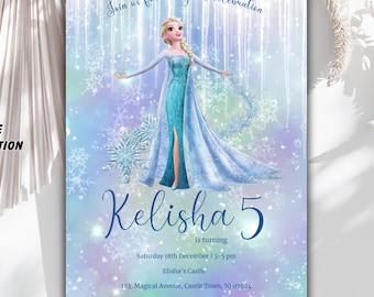 May include: A blue and white invitation for a 5th birthday party with a picture of Elsa from Frozen. The invitation says "Join us for a magical celebration Kelisha 5 is turning Saturday 18th December 1-3 pm Elisha's Castle 123, Magical Avenue, Castle Town, NJ 07624 RSVP to Shophie at 123-456-7890"
