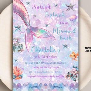 Faire-part d'anniversaire sirène, fête de sirène sous la mer, invitation d'anniversaire, sirène, invitation toile modifiable, petite sirène