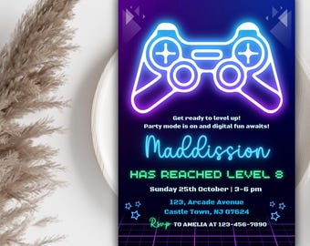 Neon Video Game Birthday Invitation: Editable Level Up Party (Digital Download)