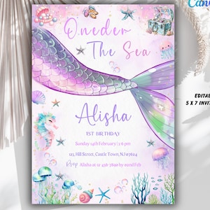 ONEder la sirène de mer bleu sarcelle premier 1er anniversaire de sirène, petite sirène d'invitation, invitations de sirène, invitation d'anniversaire de sirène de fée toile