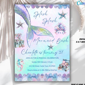 Faire-part d'anniversaire sirène, fête de sirène sous la mer, invitation d'anniversaire, sirène, invitation toile modifiable, petite sirène