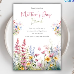 Invitación digital editable para brunch del Día de la Madre, invitación personalizada con peonías, invitación electrónica, invitación para almuerzo del Día de la Madre