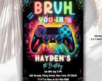 Bruh Birthday Invitation: Neon Game Controller Party (Digital)