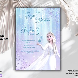 May include: A Frozen-themed birthday invitation for a girl turning 3. The invitation features a blue and purple background with snowflakes and a picture of Elsa from the movie Frozen. The text on the invitation reads "It's a Frozen Celebration Elisha 3 is turning".