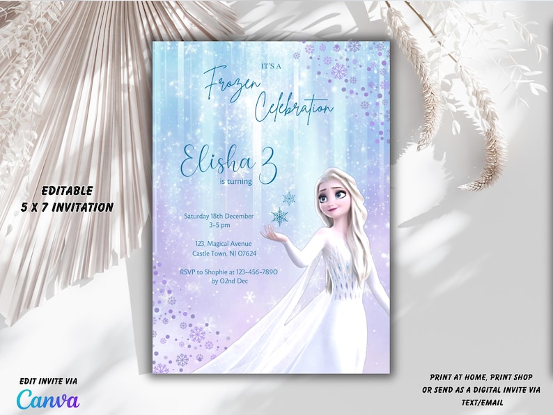 May include: A Frozen-themed birthday invitation for a girl turning 3. The invitation features a blue and purple background with snowflakes and a picture of Elsa from the movie Frozen. The text on the invitation reads "It's a Frozen Celebration Elisha 3 is turning".