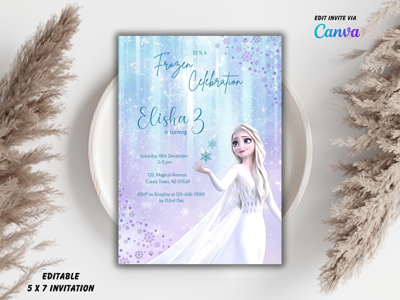 May include: A Frozen-themed birthday invitation with a blue and purple background featuring a picture of Elsa from the movie Frozen. The invitation says "It's a Frozen Celebration" and "Elisha 3 is turning". The invitation includes the date, time, and location of the party.