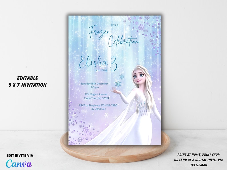 May include: Editable 5x7 invitation for a Frozen themed birthday party. The invitation features a purple and blue background with snowflakes and a picture of Elsa from Frozen. The text on the invitation reads "It's a Frozen Celebration, Elisha 3 is turning".