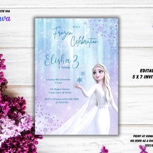 May include: A Frozen-themed birthday invitation featuring a princess with a blue and purple background. The invitation says "It's a Frozen Celebration" and "Elisha 3 is turning".