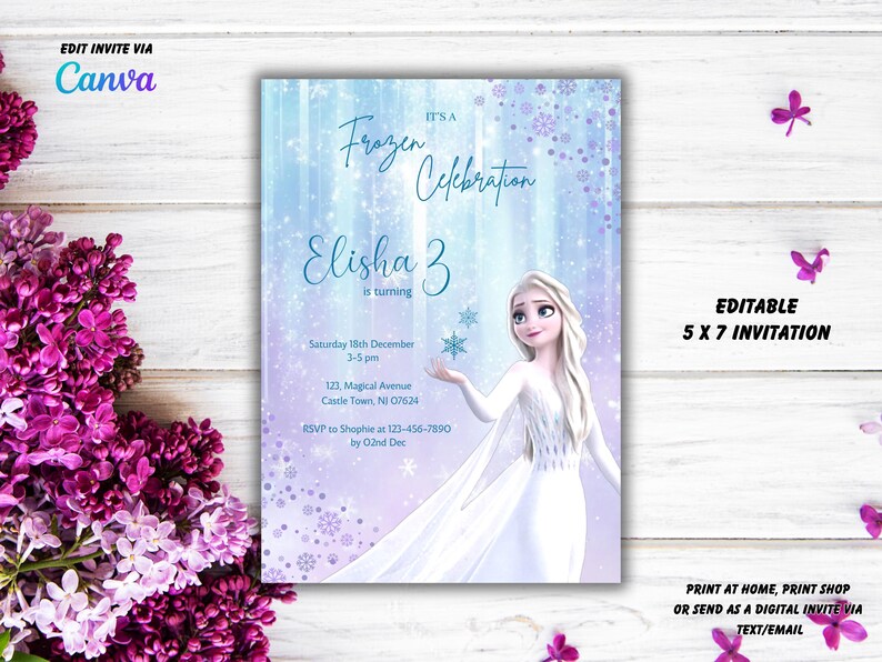 May include: A Frozen-themed birthday invitation featuring a princess with a blue and purple background. The invitation says "It's a Frozen Celebration" and "Elisha 3 is turning".