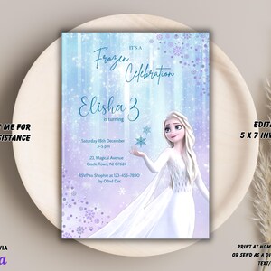 May include: A Frozen-themed birthday invitation with a blue and purple background. The invitation features a picture of Elsa from the movie Frozen. The text on the invitation reads "It's a Frozen Celebration Elisha 3 is turning".