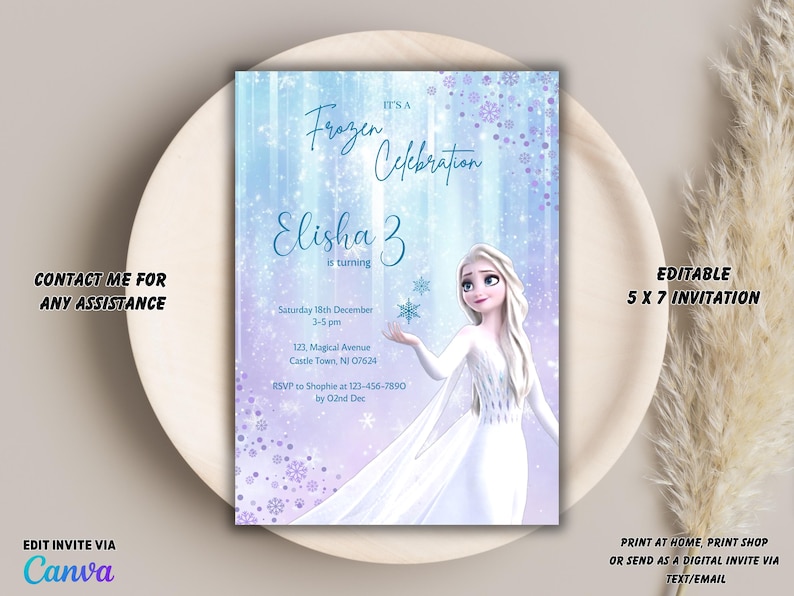 May include: A Frozen-themed birthday invitation with a blue and purple background. The invitation features a picture of Elsa from the movie Frozen. The text on the invitation reads "It's a Frozen Celebration Elisha 3 is turning".