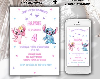 Stitch and Angel Birthday Invitation, Editable Stitch Birthday Invitation, Digital Party Invite, Stitch Birthday Party Invitation Printable