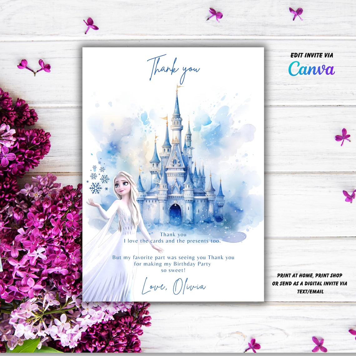 Elsa Frozen Birthday Thank You Card: Editable Template (digital ...