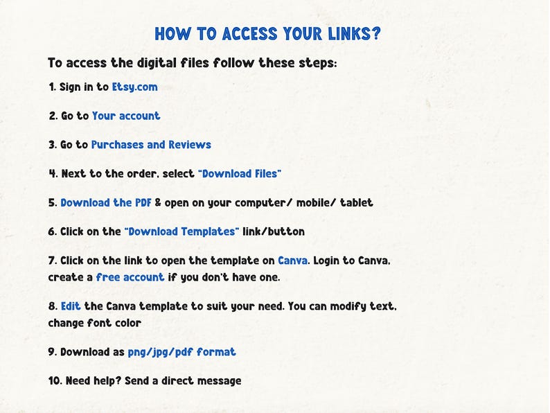May include: A white background with black text explaining how to access digital files purchased on Etsy. The text includes steps to download files, open them on a computer, and edit them in Canva.