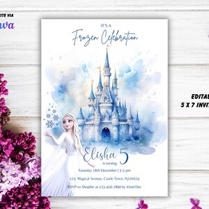 May include: A 5x7 inch invitation with a watercolor illustration of a castle and a character from the movie "Frozen". The invitation reads "It's a Frozen Celebration" and includes event details. The text "Edit Invite Via Canva" is at the top.