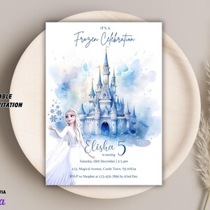 May include: A 5 x 7 inch invitation with a Frozen theme. The invitation features a watercolor illustration of a castle and a character from the movie. The text reads "It's a Frozen Celebration" and includes party details.
