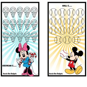 Op de afbeelding: Drie kleurrijke budget trackers met cartoonfiguren en thema-illustraties. Eén toont ballonnen, een ander ijsjes met Minnie Mouse en de laatste honkballen met Mickey Mouse. Elke tracker heeft een titel en ruimte om te sparen.