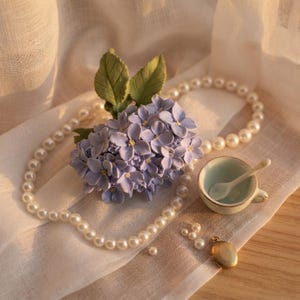 May include: A cluster of light purple lilac flowers with green leaves, a long strand of white pearls, a small light blue ceramic teacup with a matching spoon, and a small gold oval locket arranged on a piece of white fabric.