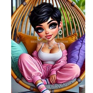 May include: A cartoon illustration of a woman with short black hair wearing a white tank top, pink pants, and a pink jacket. She is sitting in a wicker chair with colorful pillows. The woman is wearing a necklace with the word "Boss" on it.
