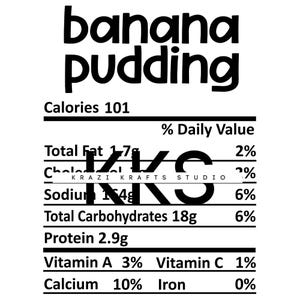May include: Black and white nutrition label for banana pudding with the text "banana pudding" at the top and "Calories 101" below. The label lists the following nutritional information: Total Fat 1.7g, 2%; Cholesterol 0g, 0%; Sodium 14g, 6%; Total Carbohydrates 18g, 6%; Protein 2.9g; Vitamin A 3%, Vitamin C 1%, Calcium 10%, Iron 0%.